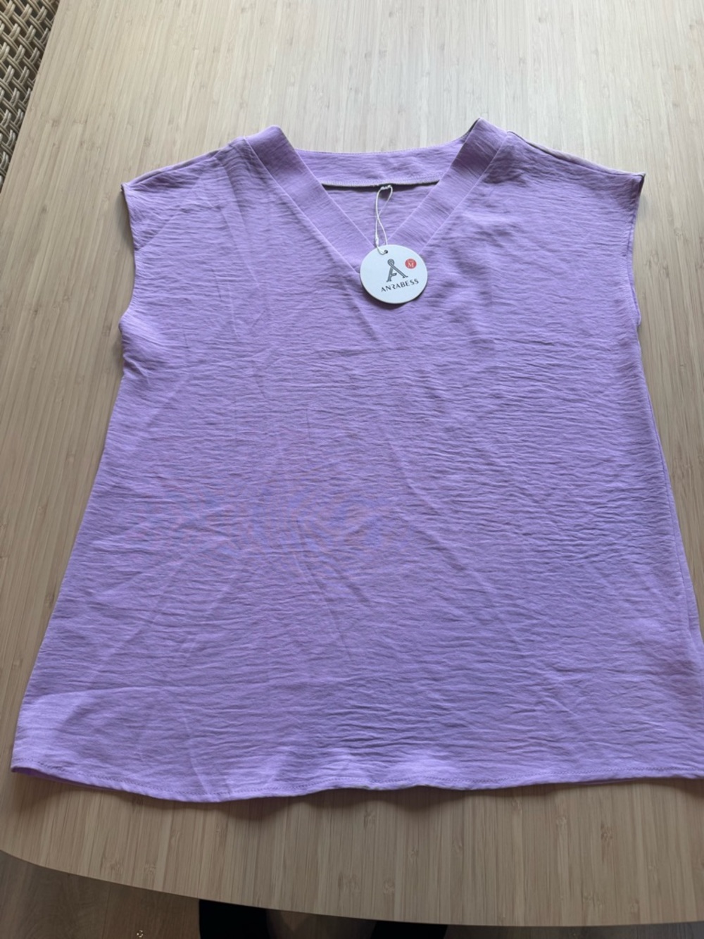 Anrabess Lavender V-Neck Cap Sleeve Textured Blouse